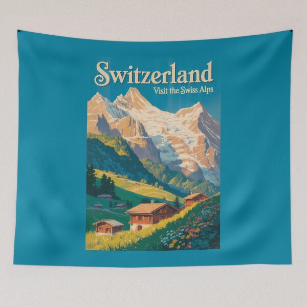Item preview, Switzerland Landscape Illustration Travel Art Vintage designed and sold by KrisSidDesigns.