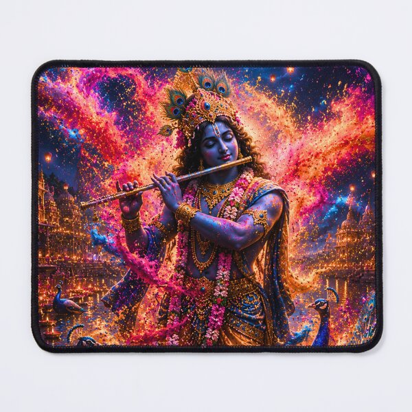 Item preview, Krishna Playing Flute Through a Holi Storm | Vrindavan Fantasy Art designed and sold by Homyar.