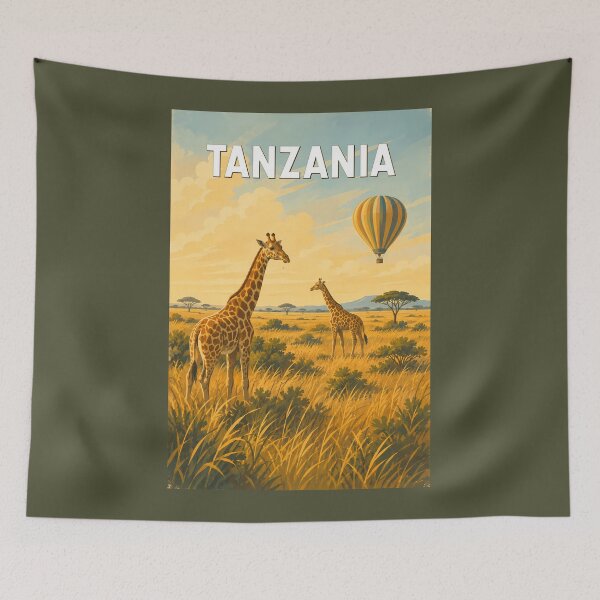 Item preview, Tanzania Hot Air Balloon Illustration Travel Art Vintage designed and sold by KrisSidDesigns.