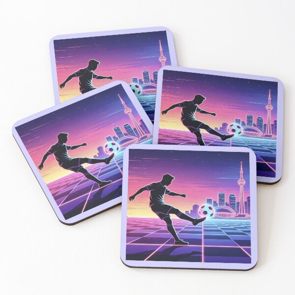Item preview, Neon Soccer Player Silhouette Retro City Skyline Sports T-Shirt designed and sold by DreamyTupelo.