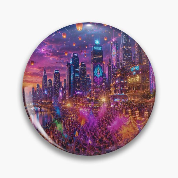 Item preview, Modern Cosmic Holi Cityscape | Futuristic Indian Festival Fantasy Art designed and sold by Homyar.