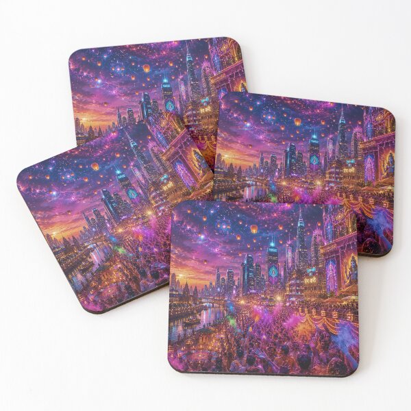 Item preview, Modern Cosmic Holi Cityscape | Futuristic Indian Festival Fantasy Art designed and sold by Homyar.
