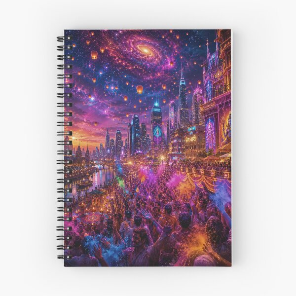 Item preview, Modern Cosmic Holi Cityscape | Futuristic Indian Festival Fantasy Art designed and sold by Homyar.