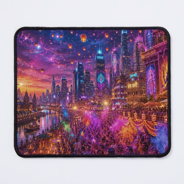 Item preview, Modern Cosmic Holi Cityscape | Futuristic Indian Festival Fantasy Art designed and sold by Homyar.