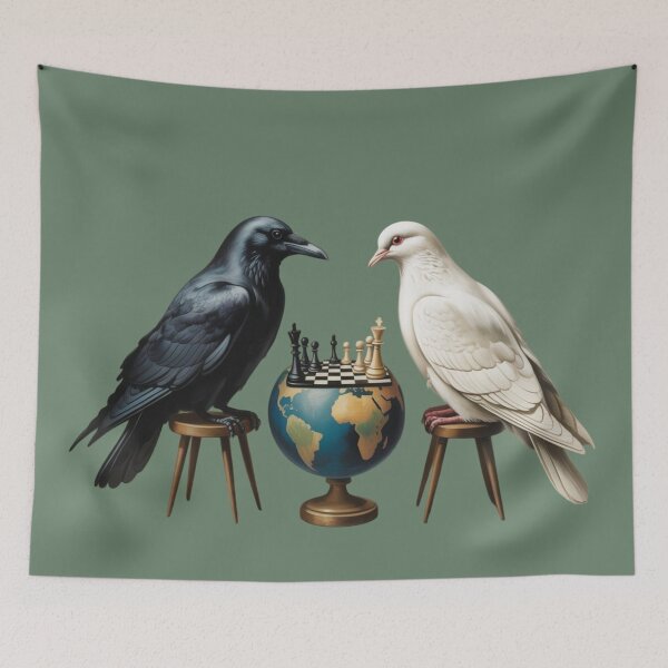 Item preview, A black raven and a white peace dove sit opposite each other, playing chess  designed and sold by 123ks.