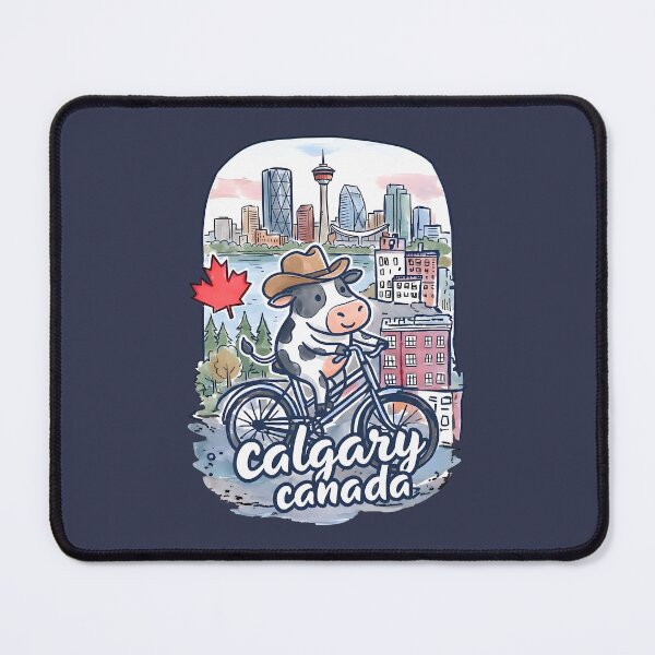 Item preview, Calgary Bicycling Cute Cow Wearing Cowboy Hat Skyline designed and sold by HowToCanadian.