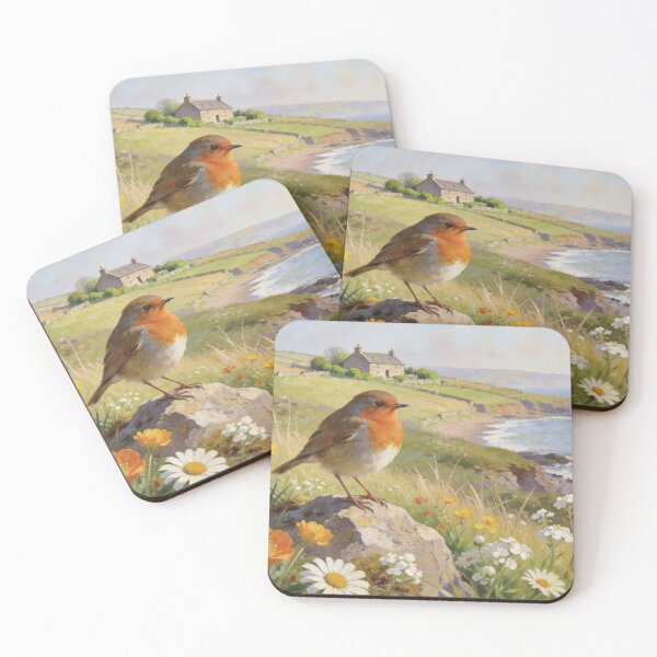 Item preview, Robin Coastal Cottage - Northumberland Spring Countryside Painting designed and sold by QuietCanvasArtworks.