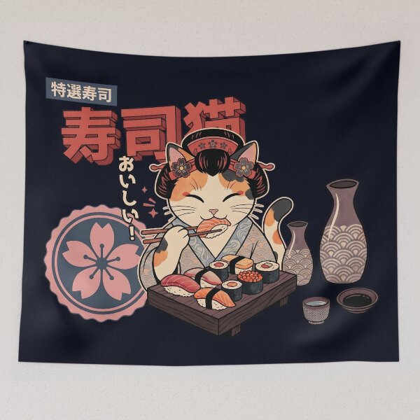 Item preview, kawaii geisha neko sushi - traditional Japanese style designed and sold by CuteKats.