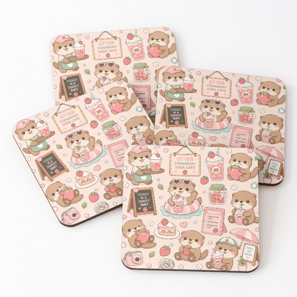 Item preview, Kawaii Otter Strawberry Soda Pattern designed and sold by Soft Berry Studio.