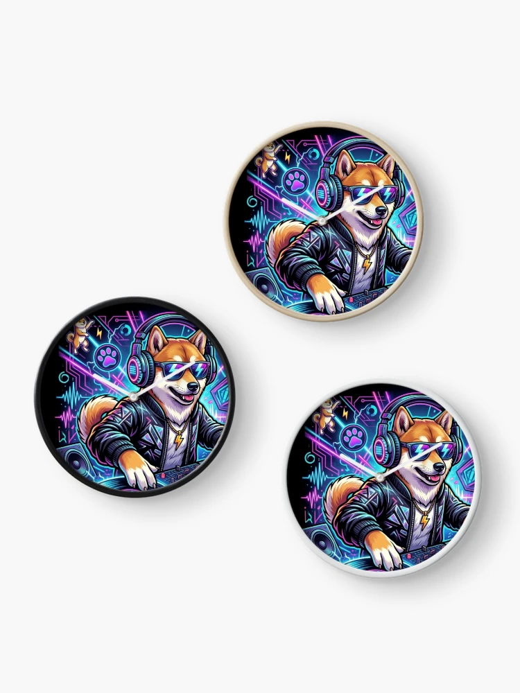 Thumbnail 3 of 4, Clock, Techno doge designed and sold by RaveWaveDesign.