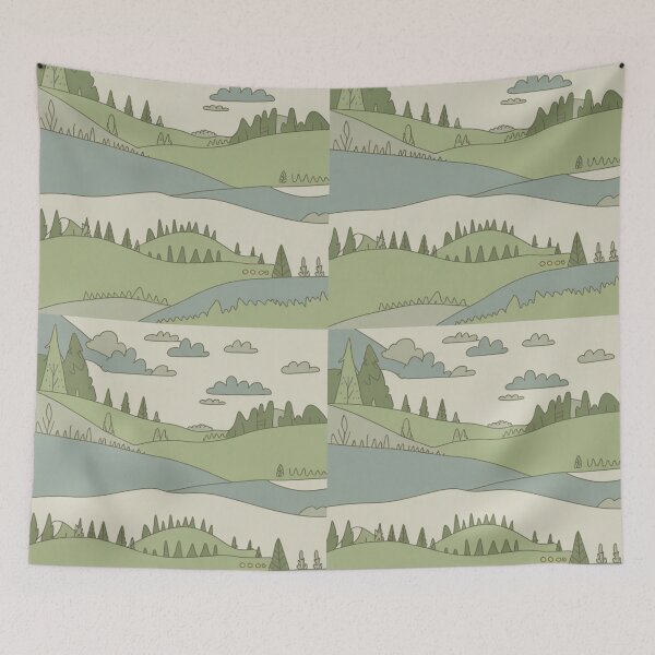 Item preview, Minimalist Green Landscape Pattern | Serene Hills & River Seamless Repeat designed and sold by Midnight Veil Designs.