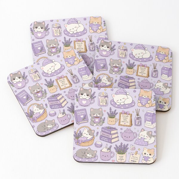 Item preview, Sleepy Kitty Purple Hot Cocoa Pattern designed and sold by Soft Berry Studio.