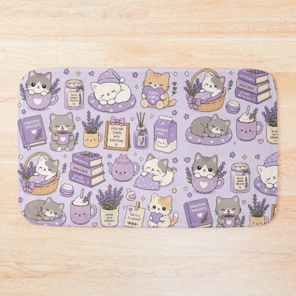 Item preview, Sleepy Kitty Purple Hot Cocoa Pattern designed and sold by Soft Berry Studio.