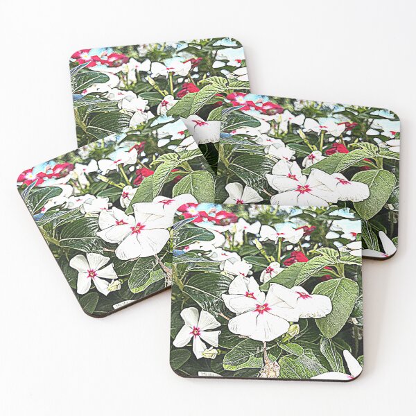 Item preview, White Periwinkle Flowers with Red Centers in Lush Garden designed and sold by BalkanBloom.