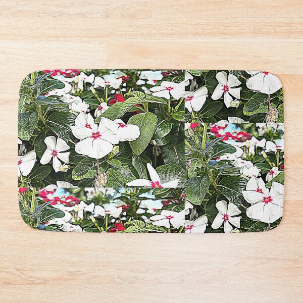 Item preview, White Periwinkle Flowers with Red Centers in Lush Garden designed and sold by BalkanBloom.