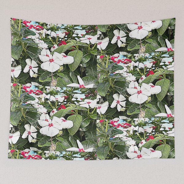 Item preview, White Periwinkle Flowers with Red Centers in Lush Garden designed and sold by BalkanBloom.