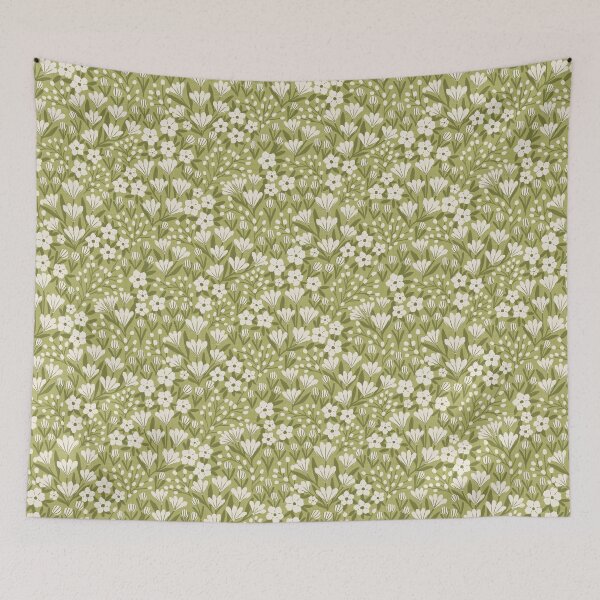 Item preview, White wildflower meadow | Avocado green cottagecore designed and sold by Illustrated by Nat.