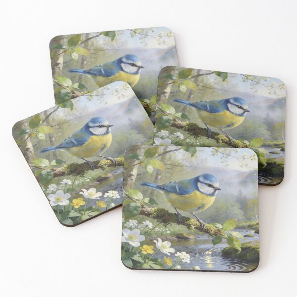 Item preview, Blue Tit Woodland Stream - Lake District Spring Bird Painting designed and sold by QuietCanvasArtworks.