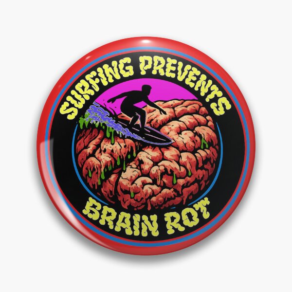 Item preview, Surfing Prevents Brain Rot – Surfer Badge with Rotting Brain Graphic designed and sold by shorethings.