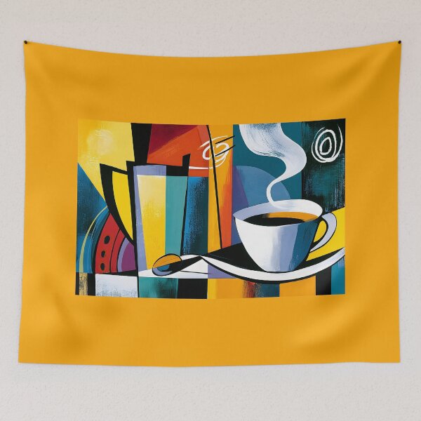 Item preview, Morning Ritual Reimagined - Coffee and Glassware in a Vibrant World of Geometric Motion designed and sold by OlfactoART Studio.
