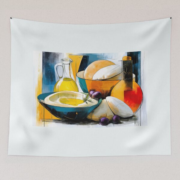 Item preview, Mediterranean Table Story - Hummus Bread Olive Oil and Olives in a Vibrant Culinary Harmony designed and sold by OlfactoART Studio.