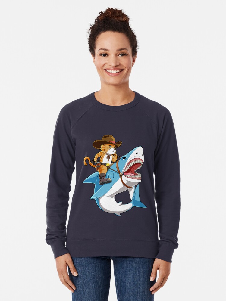 Cat Riding Shark T Shirt Funny Kitty Kitten Cowboy Hat Gifts Kids