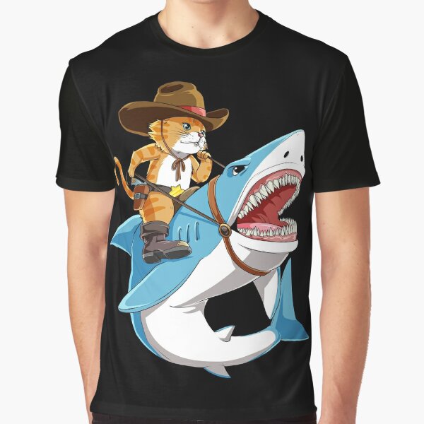 Cat Riding Shark T shirt Funny Kitty Kitten Cowboy hat Gifts Kids