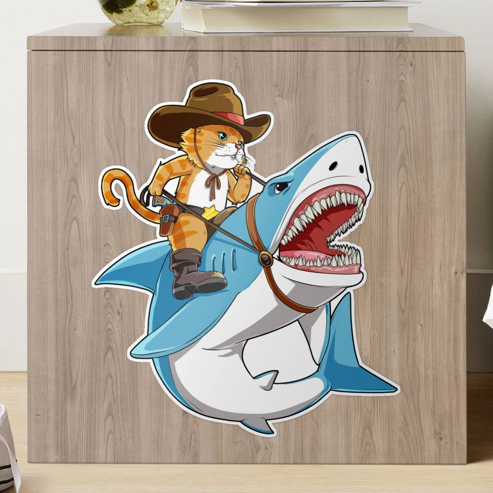 Cat Riding Shark T shirt Funny Kitty Kitten Cowboy hat Gifts Kids