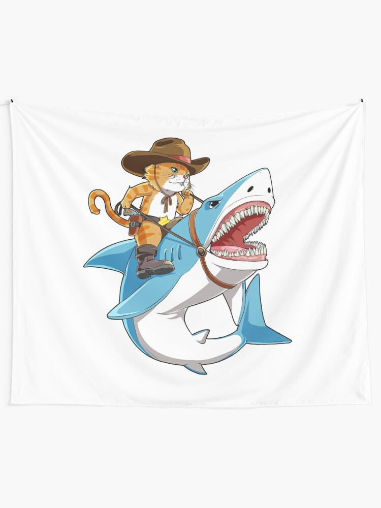 cowboy cat riding shark shirt