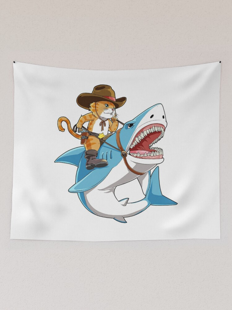 Cat Riding Shark T shirt Funny Kitty Kitten Cowboy hat Gifts Kids Boys Girls  Tapestry for Sale by LiqueGifts