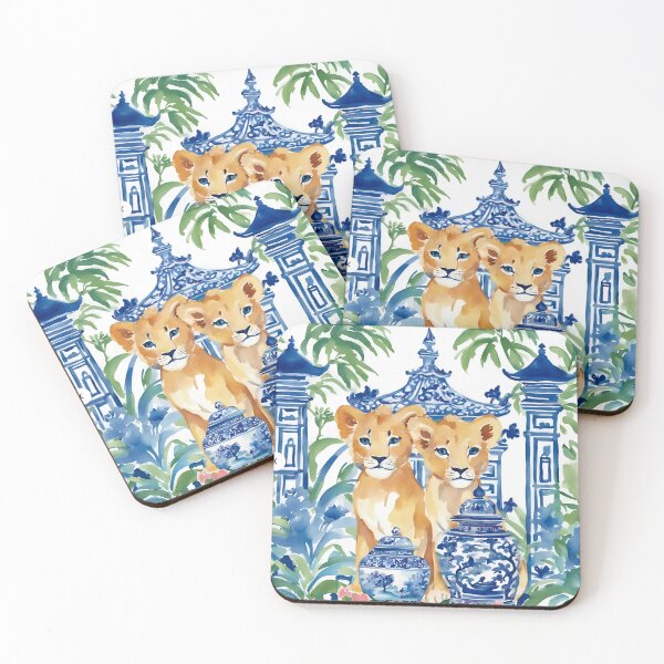 Item preview, Grandmillennial art, chinoiserie lions and ginger jars designed and sold by SophieClimaArt.