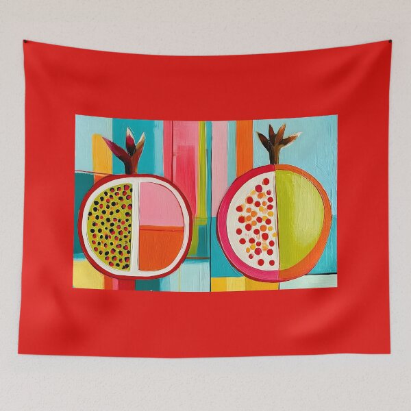 Item preview, Crimson Harvest Reverie - Twin Pomegranates Alive with Modern Color and Abstract Rhythms designed and sold by OlfactoART Studio.