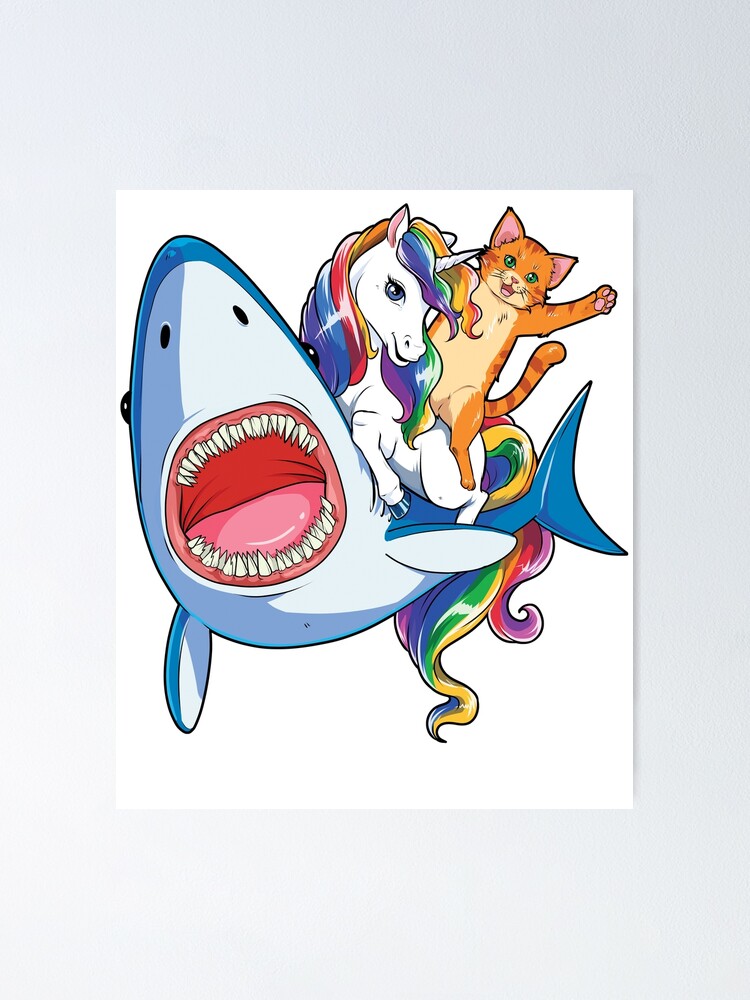 Cat riding shark rainbow sales shirt