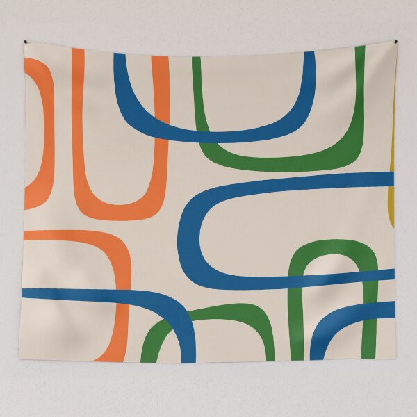 Item preview, Mid Century Modern Fine Loops Retro Pattern Blue Green Orange Mustard Beige designed and sold by kierkegaard.