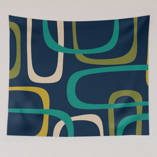 Item preview, Midcentury Modern Fine Loops Retro Pattern in Mid Mod Navy Blue Turquoise Teal Olive Green Mustard designed and sold by kierkegaard.