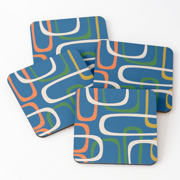 Item preview, Mid Century Modern Fine Loops Retro Pattern in Blue Green Orange Mustard Beige designed and sold by kierkegaard.