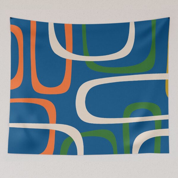 Item preview, Mid Century Modern Fine Loops Retro Pattern in Blue Green Orange Mustard Beige designed and sold by kierkegaard.