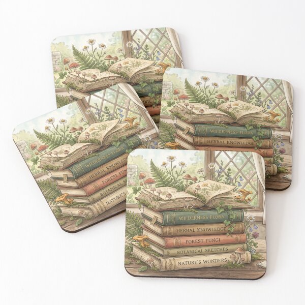 Item preview, Cottagecore Vintage Book Stack with Wild Mushrooms and Tea designed and sold by MintedMinds.