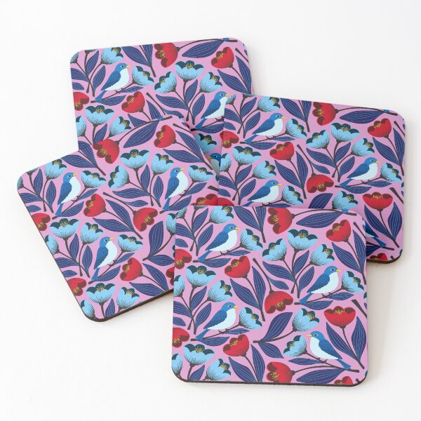 Item preview, Blue birds amid the tulips on pink designed and sold by Jennifer Ladd.