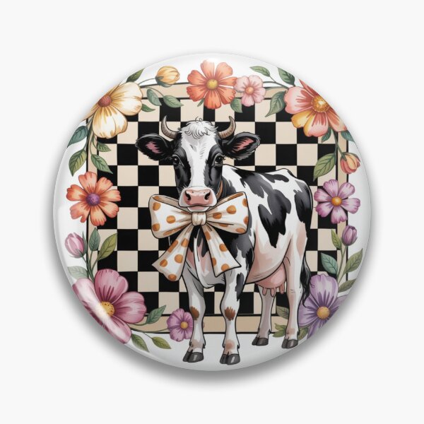 Item preview, Whimsical Checkerboard Cow Floral Art - Cute Holstein Dairy Calf with Bow Farmhouse Design designed and sold by Picasfarmer.