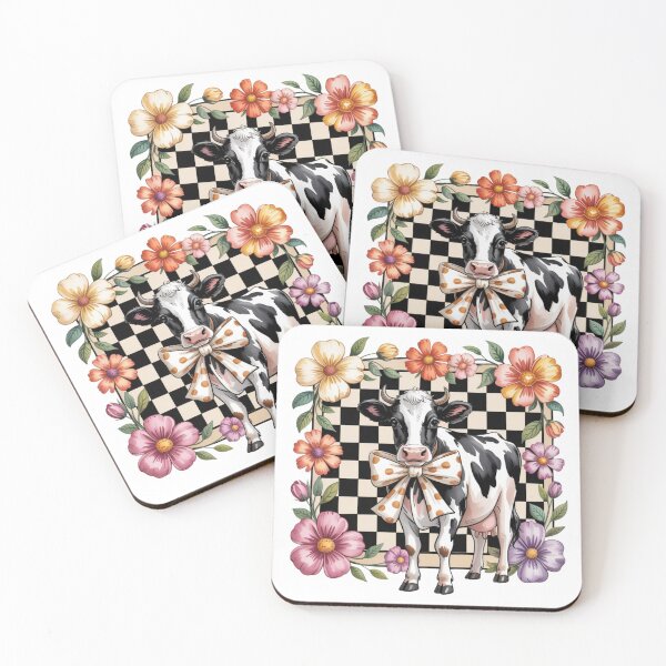 Item preview, Whimsical Checkerboard Cow Floral Art - Cute Holstein Dairy Calf with Bow Farmhouse Design designed and sold by Picasfarmer.