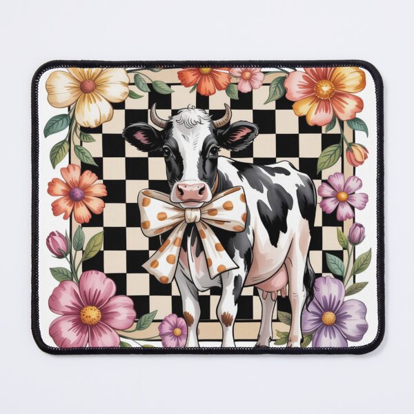 Item preview, Whimsical Checkerboard Cow Floral Art - Cute Holstein Dairy Calf with Bow Farmhouse Design designed and sold by Picasfarmer.