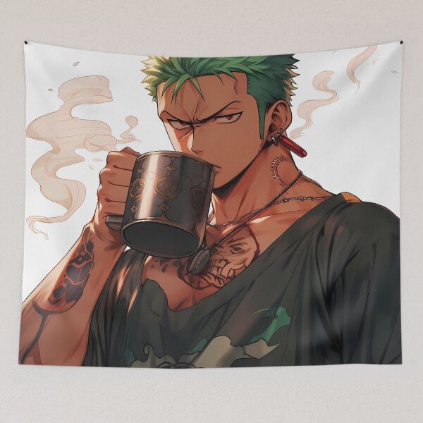 Item preview, Roronoa Zoro One Piece Coffee Break Green Hair Anime designed and sold by MicaheHaffner.