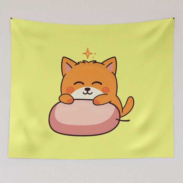 Item preview, Cute Chibi Orange Cat Chilling on a Pastel Pink Cushion Sparkly Kawaii Kitten Sticker designed and sold by bvdesignart.