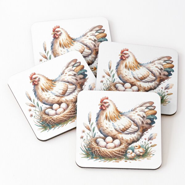 Item preview, Whimsical Watercolor Mother Hen with Chicks Art - Cute Barnyard Bird Nest and Eggs Farmhouse Design designed and sold by Picasfarmer.