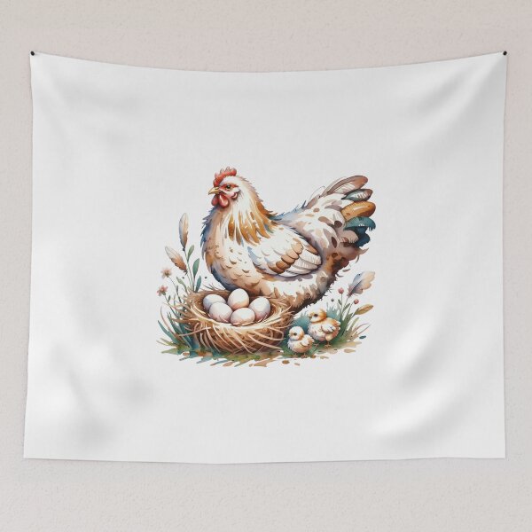 Item preview, Whimsical Watercolor Mother Hen with Chicks Art - Cute Barnyard Bird Nest and Eggs Farmhouse Design designed and sold by Picasfarmer.