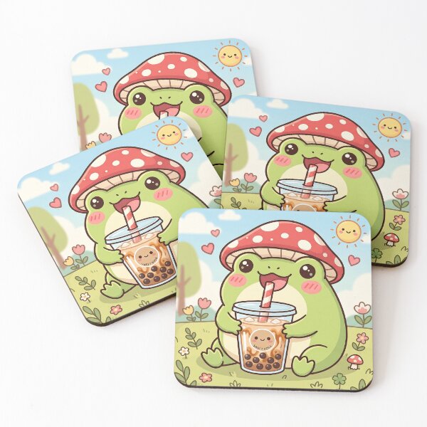 Item preview, Kawaii Mushroom Hat Frog Drinking Boba Milk Tea designed and sold by MintedMinds.