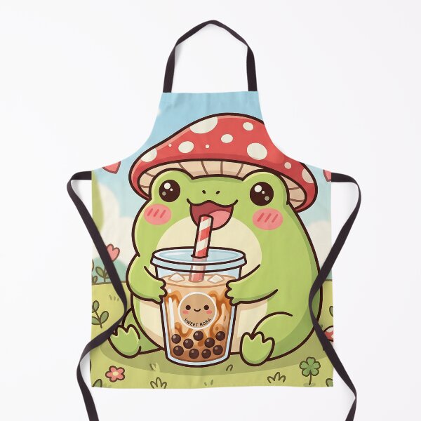 Item preview, Kawaii Mushroom Hat Frog Drinking Boba Milk Tea designed and sold by MintedMinds.
