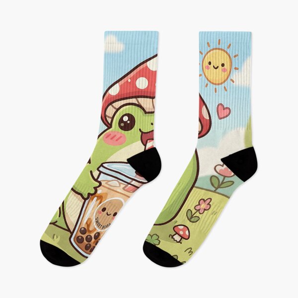 Item preview, Kawaii Mushroom Hat Frog Drinking Boba Milk Tea designed and sold by MintedMinds.
