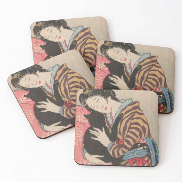 Item preview, Vintage Japanese Taisho Romance Art: Elegant Woman Hugging a Black Cat designed and sold by vekotpu.